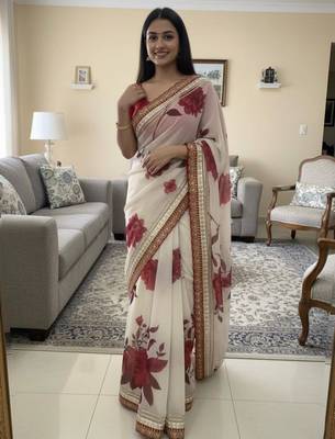 Off white and red floral organza saree 2