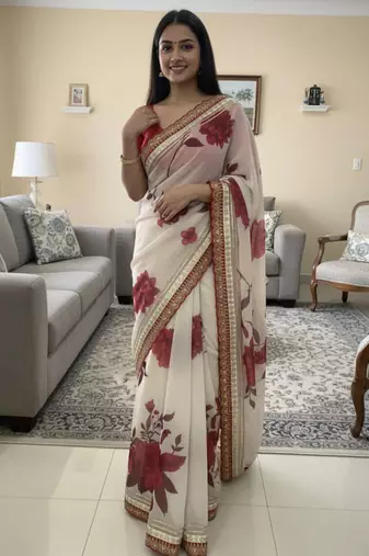 Off white and red floral organza saree
