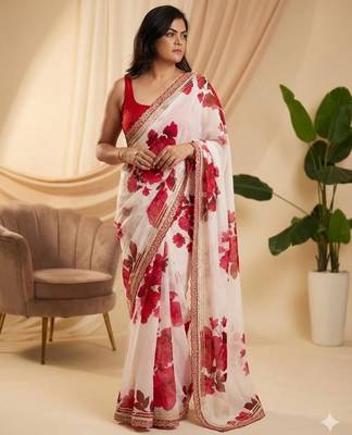Off white and red floral organza saree 3