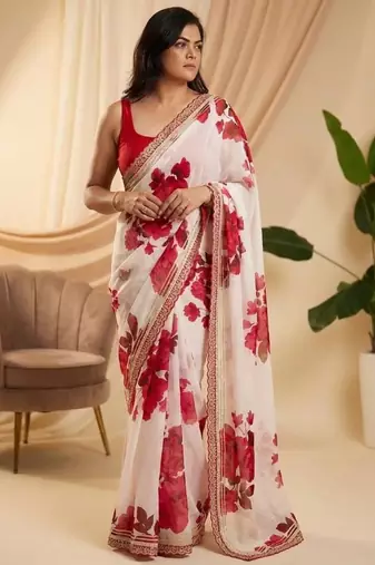 Off white and red floral organza saree