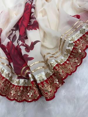 Off white and red floral organza saree 4