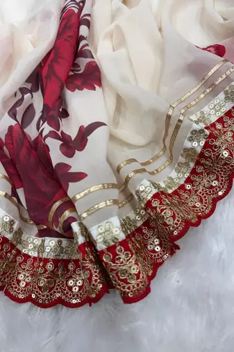 Off white and red floral organza saree