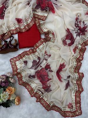Off white and red floral organza saree 5