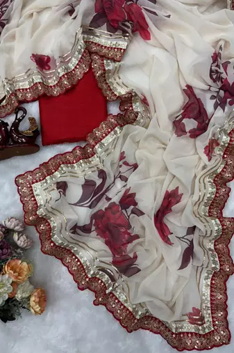 Off white and red floral organza saree