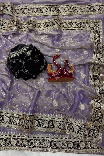Purple silk blend mirror work saree