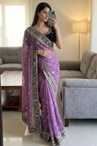 Purple silk blend mirror work saree