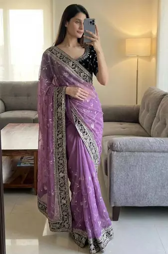 Purple silk blend mirror work saree