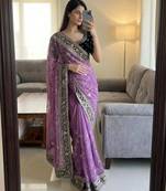 Purple silk blend mirror work saree