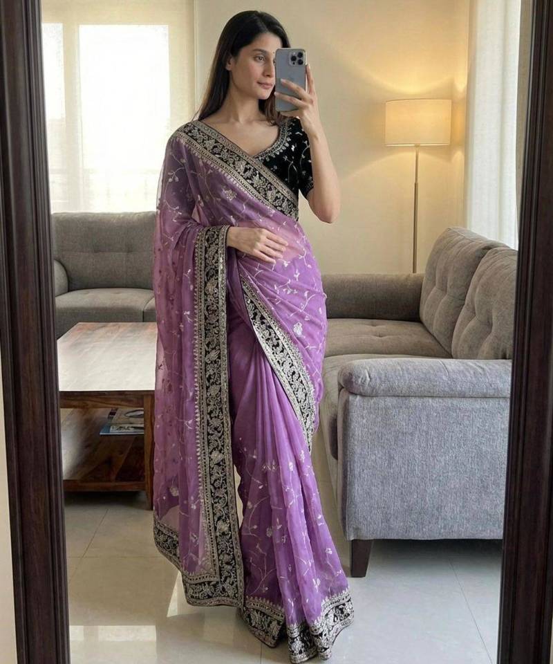 Purple silk blend mirror work saree