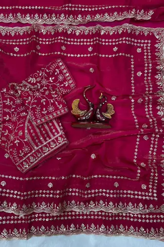 Pink silk \blend sequin net saree