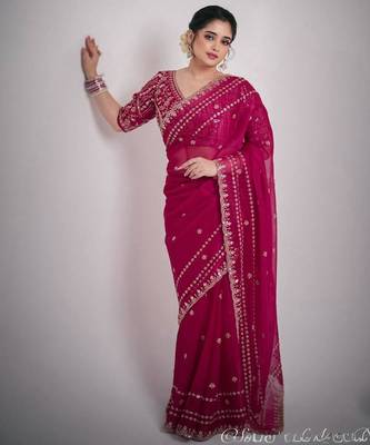 Pink silk \blend sequin net saree 1