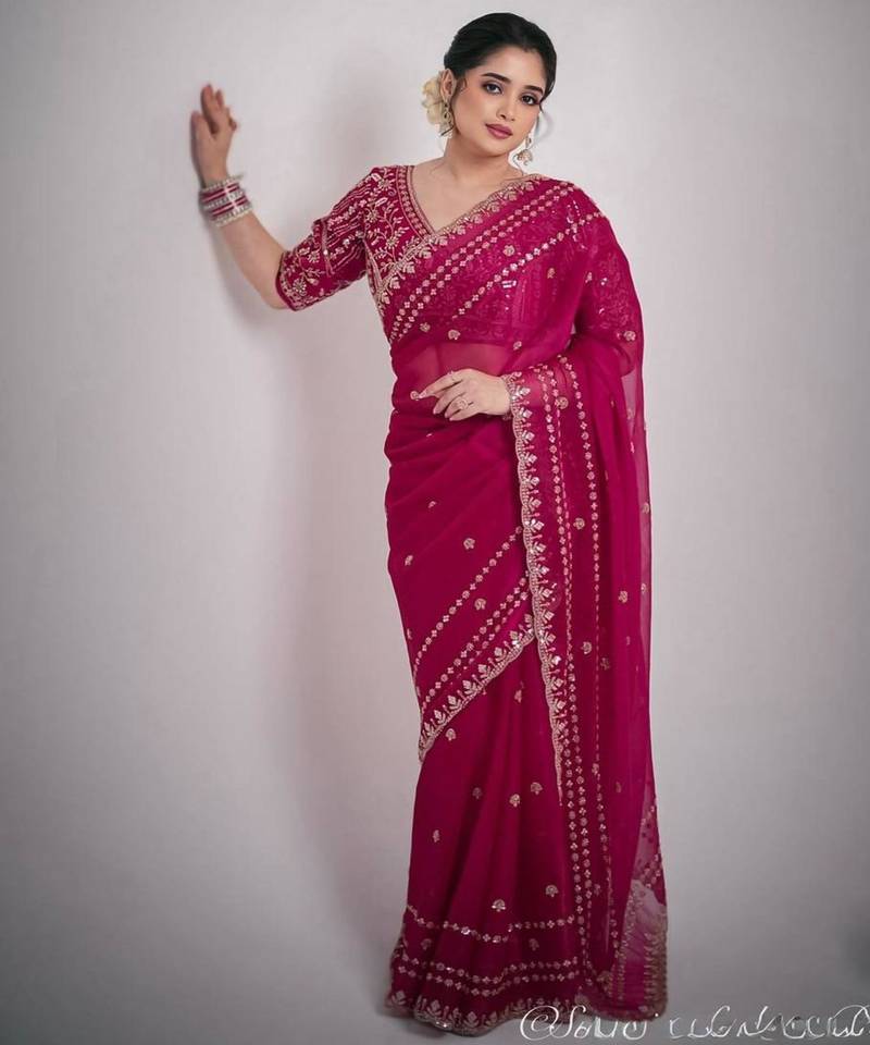 Pink silk \blend sequin net saree