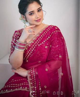 Pink silk \blend sequin net saree 3