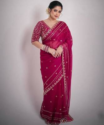 Pink silk \blend sequin net saree 4