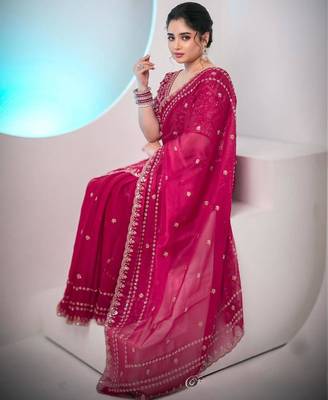 Pink silk \blend sequin net saree 5