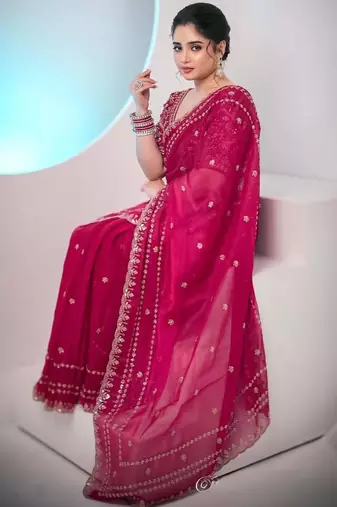 Pink silk \blend sequin net saree
