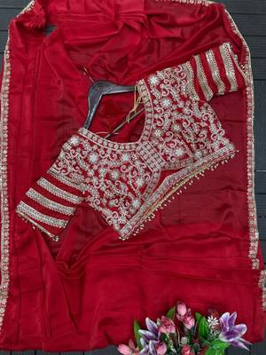 pink silk blend ready to wear saree with embroidered blouse 2
