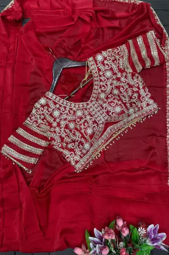 pink silk blend ready to wear saree with embroidered blouse