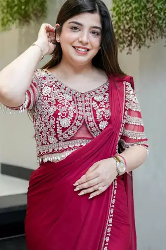 pink silk blend ready to wear saree with embroidered blouse