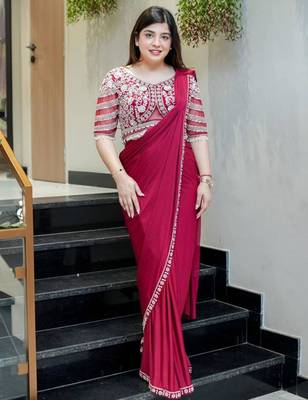 pink silk blend ready to wear saree with embroidered blouse 1