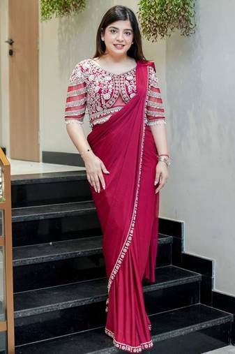 Pink silk blend ready to wear saree with embroidered blouse