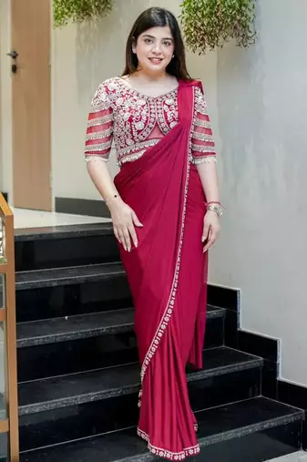 Pink silk blend ready to wear saree with embroidered blouse