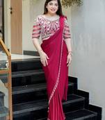 Pink silk blend ready to wear saree with embroidered blouse