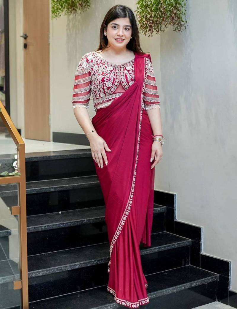 Pink silk blend ready to wear saree with embroidered blouse