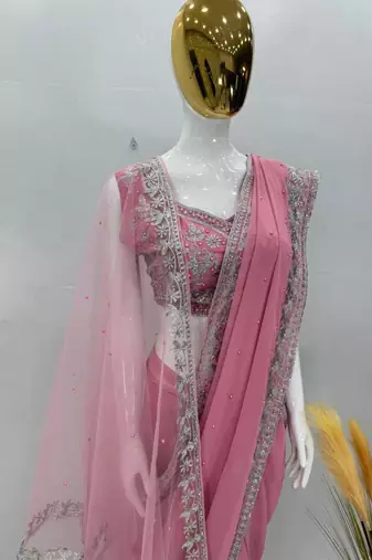 Baby pink heavy bridal georgette saree with embroidered blouse and dupatta