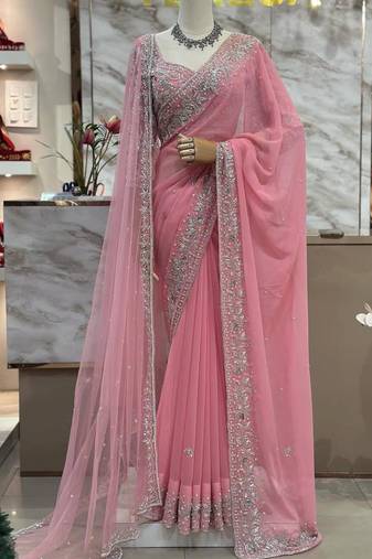 Baby pink heavy bridal georgette saree with embroidered blouse and dupatta