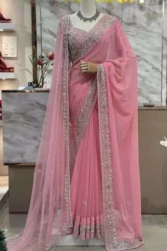 Baby pink heavy bridal georgette saree with embroidered blouse and dupatta