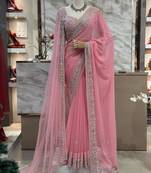 Baby pink heavy bridal georgette saree with embroidered blouse and dupatta
