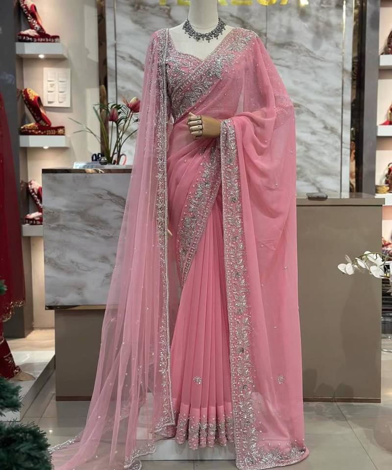 Baby pink heavy bridal georgette saree with embroidered blouse and dupatta