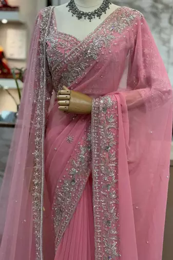 Baby pink heavy bridal georgette saree with embroidered blouse and dupatta