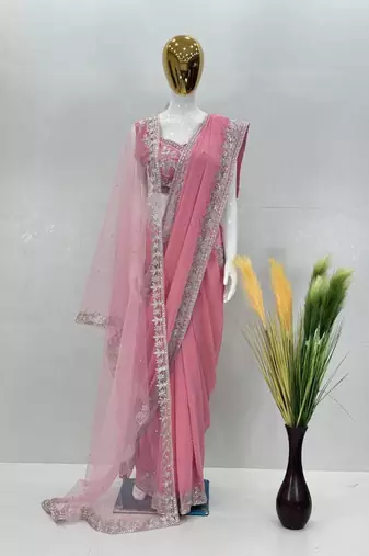 Baby pink heavy bridal georgette saree with embroidered blouse and dupatta