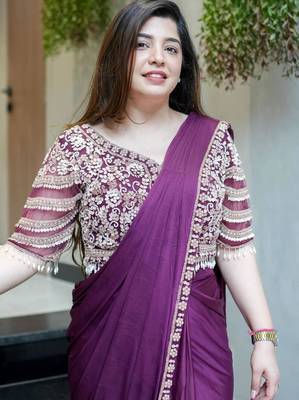 purple silk blend designer pre draped saree with embroidered blouse 1