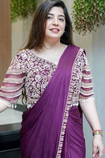 Purple silk blend designer ready to wear saree with embroidered blouse