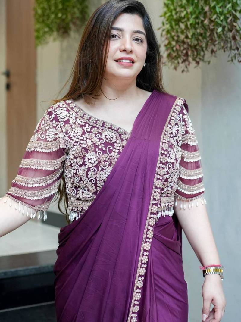 Purple silk blend designer ready to wear saree with embroidered blouse