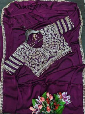 purple silk blend designer pre draped saree with embroidered blouse 3