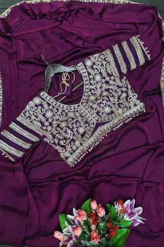 purple silk blend designer pre draped saree with embroidered blouse
