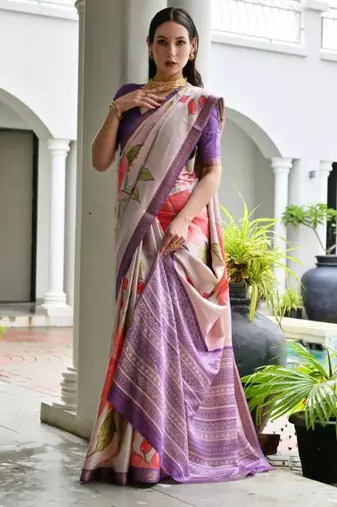 Purple silk blend floral printed saree
