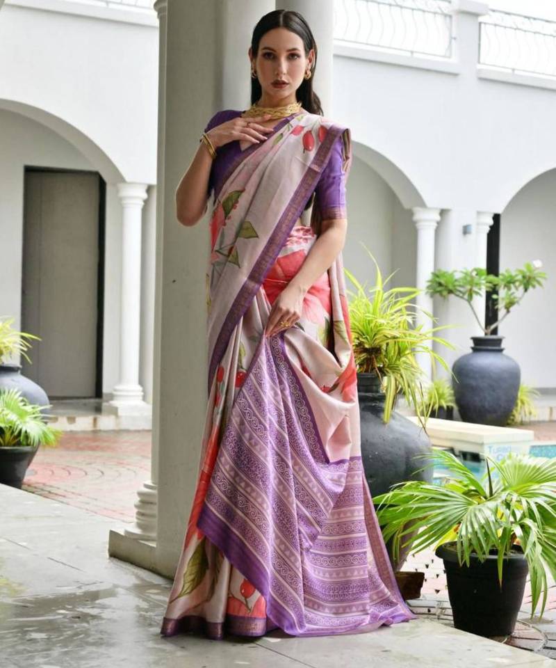 Purple silk blend floral printed saree