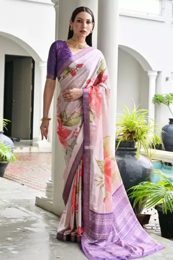 Purple silk blend floral printed saree