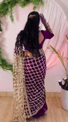 wine silk blend ready made saree with mirror work 1