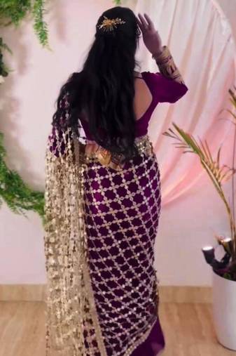 Wine silk blend ready to wear saree with mirror work