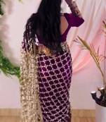 Wine silk blend ready to wear saree with mirror work