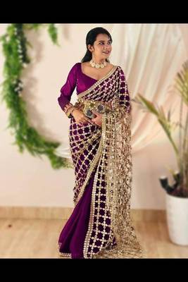 wine silk blend ready made saree with mirror work 1