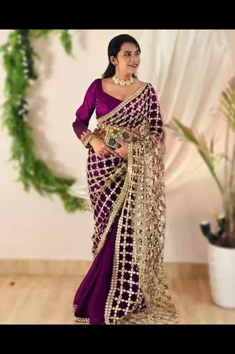 wine silk blend ready made saree with mirror work