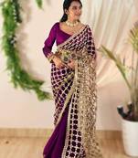 wine silk blend ready made saree with mirror work