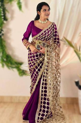 wine silk blend ready made saree with mirror work